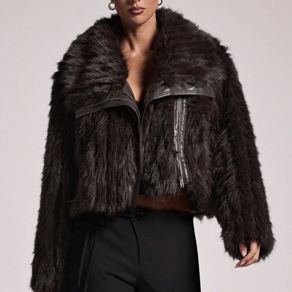 Brown Elegant Women's Oversized Patchwork Faux Fur Coat jacket - Picture 8 of 9